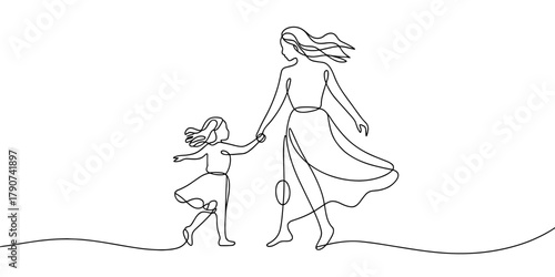a mother holding her child’s hand while running, expressing joy, family bond, movement, freedom, and playful energy.