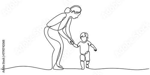 a mother guiding her young child’s first steps, expressing care, support, growth, and family bonding.