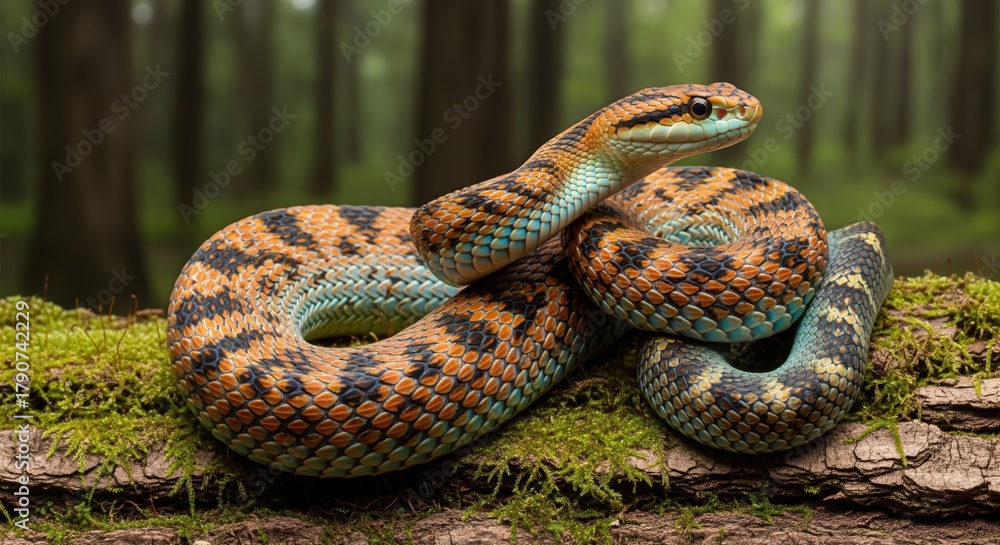 Obraz premium Colorful snake with orange and turquoise scales coiled on mossy bark in a forest setting. Perfect for wildlife content, nature education, or reptile awareness projects.