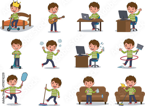 Cute boy doing daily activities at home, playing, cleaning, studying, and exercising, lifestyle and education concept for kids, flat vector illustration, cad drawing style