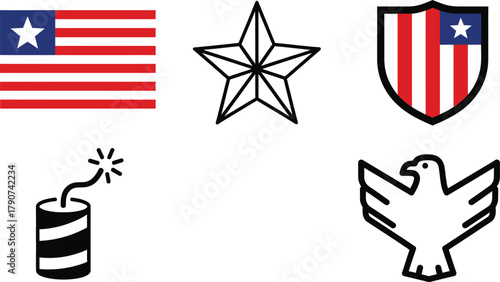 Fourth of July basic icon set. Vector pictograms of flag, star, striped shield, firecracker, simple outline illustration.