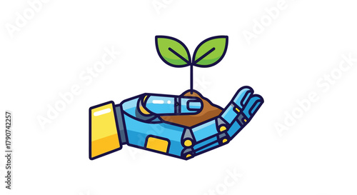 A robotic hand gently holds soil with a growing plant sprout in its palm.