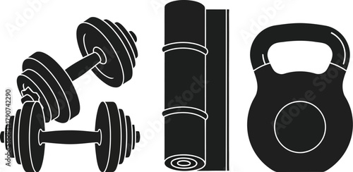 Dumbbells, a rolled yoga mat, and a kettlebell are displayed against a white background.