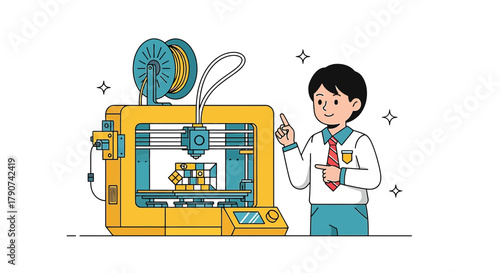 Young inventor with 3D printer showcasing technological innovation and creative design process