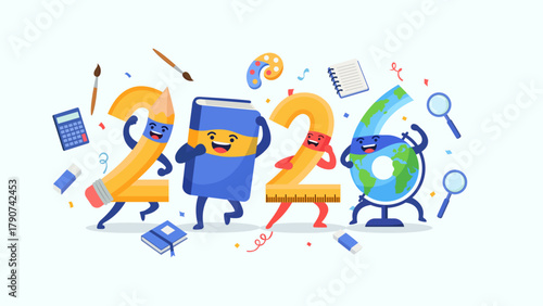 Happy New Year 2026 education banner; a playful cartoon design with 2026 as school supply characters (pencil, globe, book) for the Class of 2026 and students.