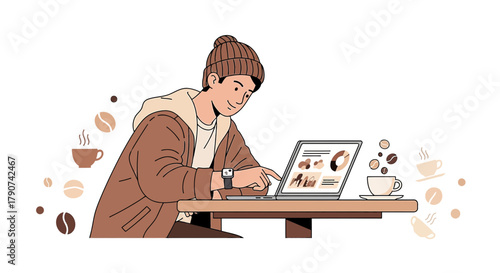 Young man working on laptop at coffee shop with coffee beans vector art illustration
