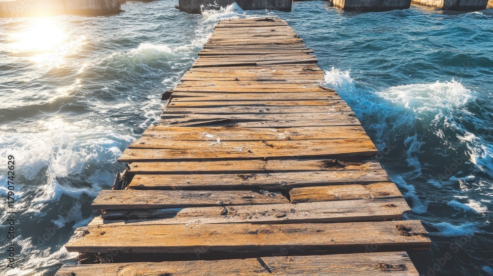 Fototapeta premium Splintered wooden pier jutting out into turbulent ocean