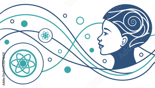 AI Human Mind Connection Technology Vector, Illustration depicting a human head silhouette with swirling patterns, connected by wavy lines and atomic symbols, representing AI and human mind connection
