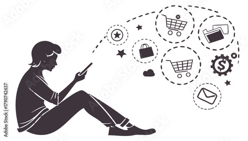 Man Online Shopping with Smartphone Vector,  Silhouette illustration of a man sitting and using his smartphone, with various online shopping and social media icons flowing from the device