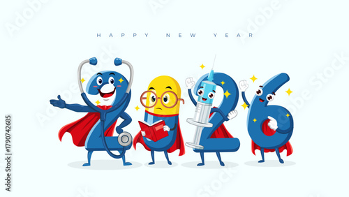 Cute Happy New Year 2026 medical banner; a playful cartoon design with 2026 as a medical superhero team of "healthcare heroes" for a hospital or clinic.