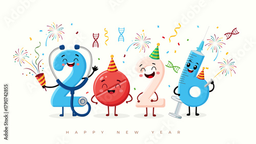 Cute Happy New Year 2026 medical and healthcare banner; a playful cartoon design with 2026 as a stethoscope, pill, and syringe celebrating a healthy new year.