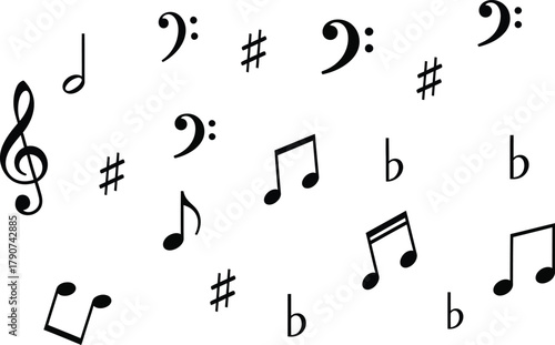 A collection of musical notes, sharps, flats, and clefs is scattered across a white background.