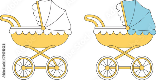 Retro Baby Pram Vector Set, Stroller Line Art and Color Version, Vintage Baby Carriage Illustration Graphic