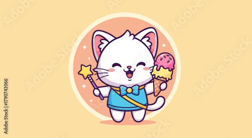 Cartoon cat holding ice cream and magic wand against a yellow background