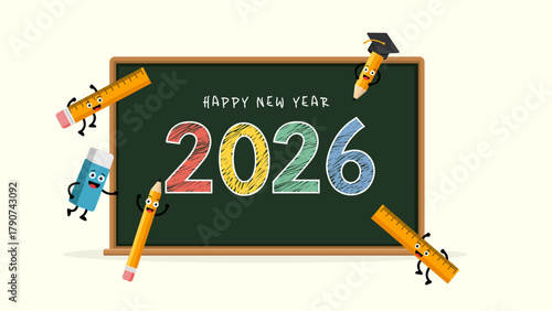 Cute Happy New Year 2026 education banner; a playful cartoon design with 2026 on a blackboard, a graduation cap, and school supplies for the Class of 2026.