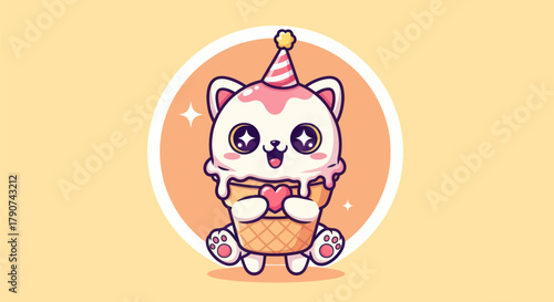 Cartoon cat ice cream cone holding heart festive celebration illustration