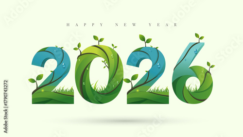 Green Happy New Year 2026 banner; an eco-friendly and nature-themed design with 2026 typography made from plants, leaves, and grass, symbolizing a sustainable new year
