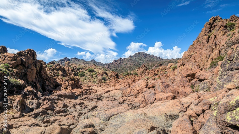 Fototapeta premium Rocky landscape under a blue sky with white clouds