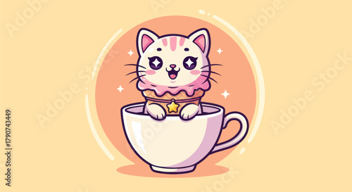Cartoon cat inside a teacup with creamy treat in colorful illustration