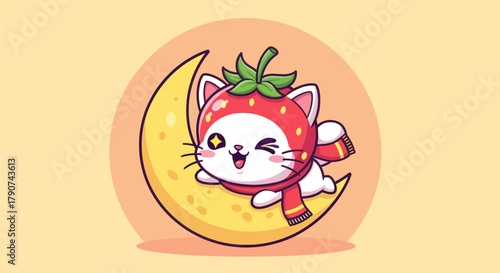 Cartoon cat in strawberry costume relaxing on crescent moon illustration
