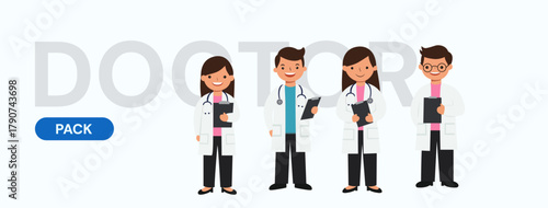 Doctor character set; a collection of cute, flat design cartoon medical professionals, including male and female doctors and nurses, for healthcare and hospital use.