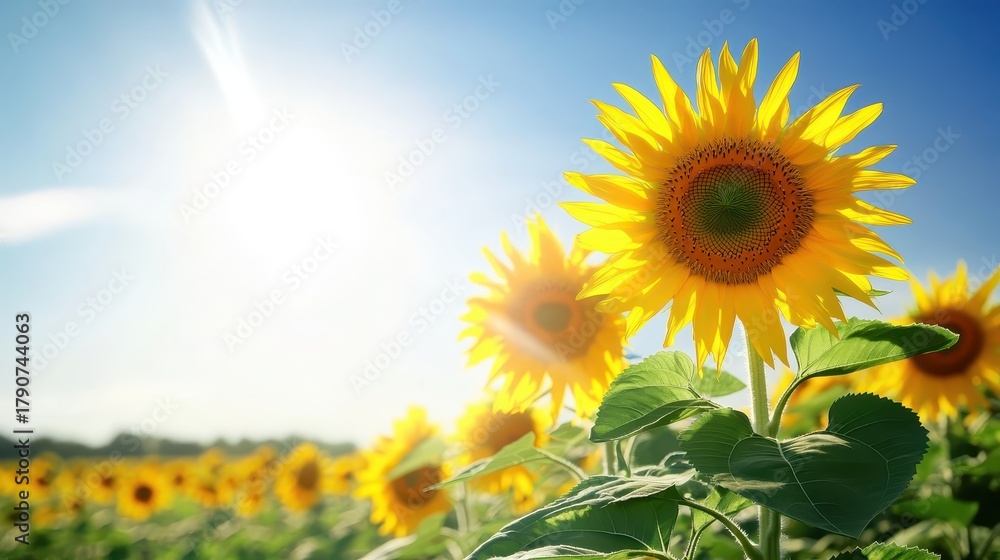 Obraz premium Sunflowers blooming in a bright yellow field under a sunny sky