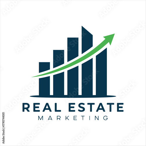 Real Estate Growth Logo Design with Green Upward Arrow and Modern Building Bars