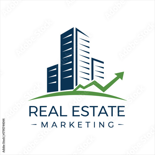 Real Estate Marketing Logo Design with Rising Growth Graph and Modern Building Icon