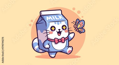 Cartoon cat milk carton with butterfly cheerful illustration design