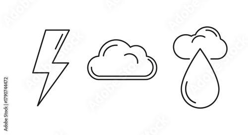 A lightning bolt, a cloud, and a raindrop are depicted in simple line art.