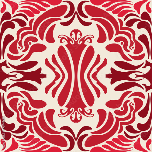 Seamless tribal pattern with boho floral ethnic textile design in cream ruby and red tones, decorative vintage fabric background for fashion and interior decor