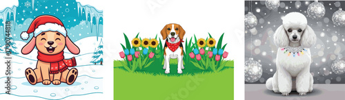 Seasonal Dog Vector Art Bundle: Christmas Puppy, Summer Beagle, and Elegant Winter Poodle Illustrations