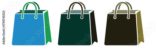 Three colorful shopping bags are displayed in a row against a white background.