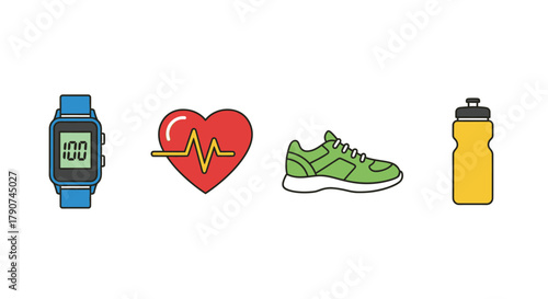 A smartwatch, heart monitor, running shoe, and water bottle represent health and fitness.