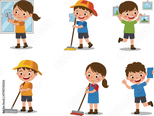 Happy kids cleaning home, washing windows, mopping floors, hanging pictures, teamwork, helping chores, hygiene, fun children activities – cad drawing flat vector illustration