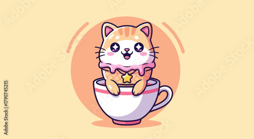 Cartoon cat sitting inside ice cream cone cup with soft pastel colors