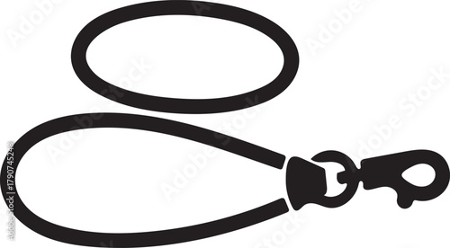 Black and white illustration of a dog leash and collar with a clip animal
