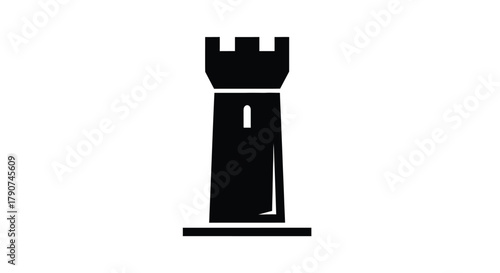 A black silhouette of a castle tower stands on a white background.