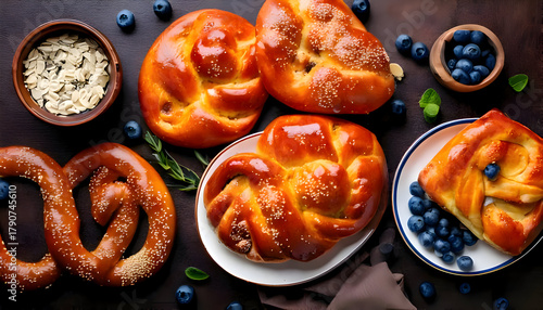 Sweet buns, cakes, pies with blueberry, pretzels style concept - meat on table with food