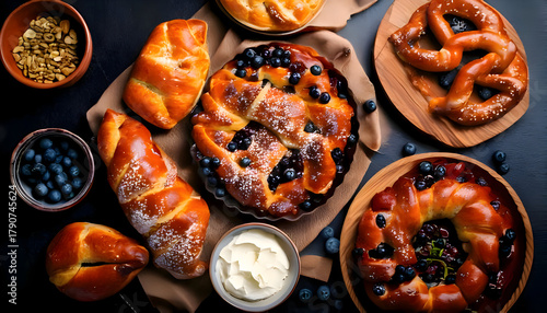 Sweet buns, cakes, pies with blueberry, pretzels style concept - meat on table with food