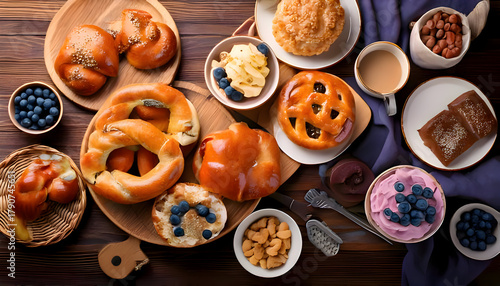 Sweet buns, cakes, pies with blueberry, pretzels style concept - meat on table with food