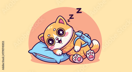 Cartoon cat sleeping on a pillow with backpack vector illustration