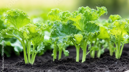 Young organic kale seedlings growing in garden soil