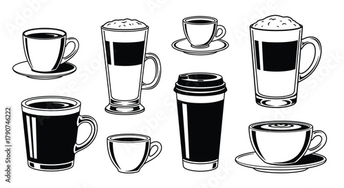A collection of various coffee drinks in cups and glasses is shown.