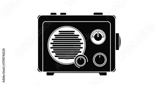 A stylized illustration of a vintage radio with a speaker and knobs.