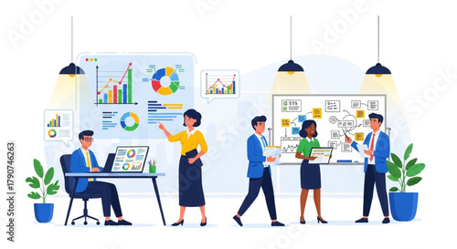 Business Team Analyzing Data Charts and Reports — Office Collaboration and Analytics Illustration'