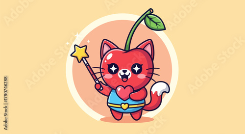 Cartoon cherry cat character holding a magic wand and a star in vector