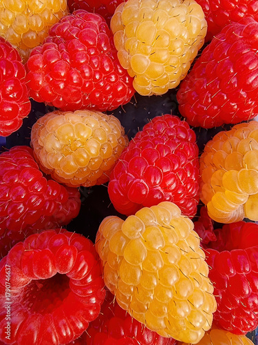 Macro closeup of red and golden raspberries with fine texture