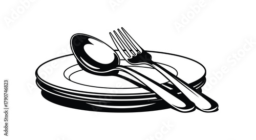 A stack of white plates with a fork and spoon on top.