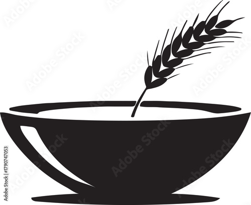 Black silhouette of a bowl filled with liquid and a wheat stalk grain cereal